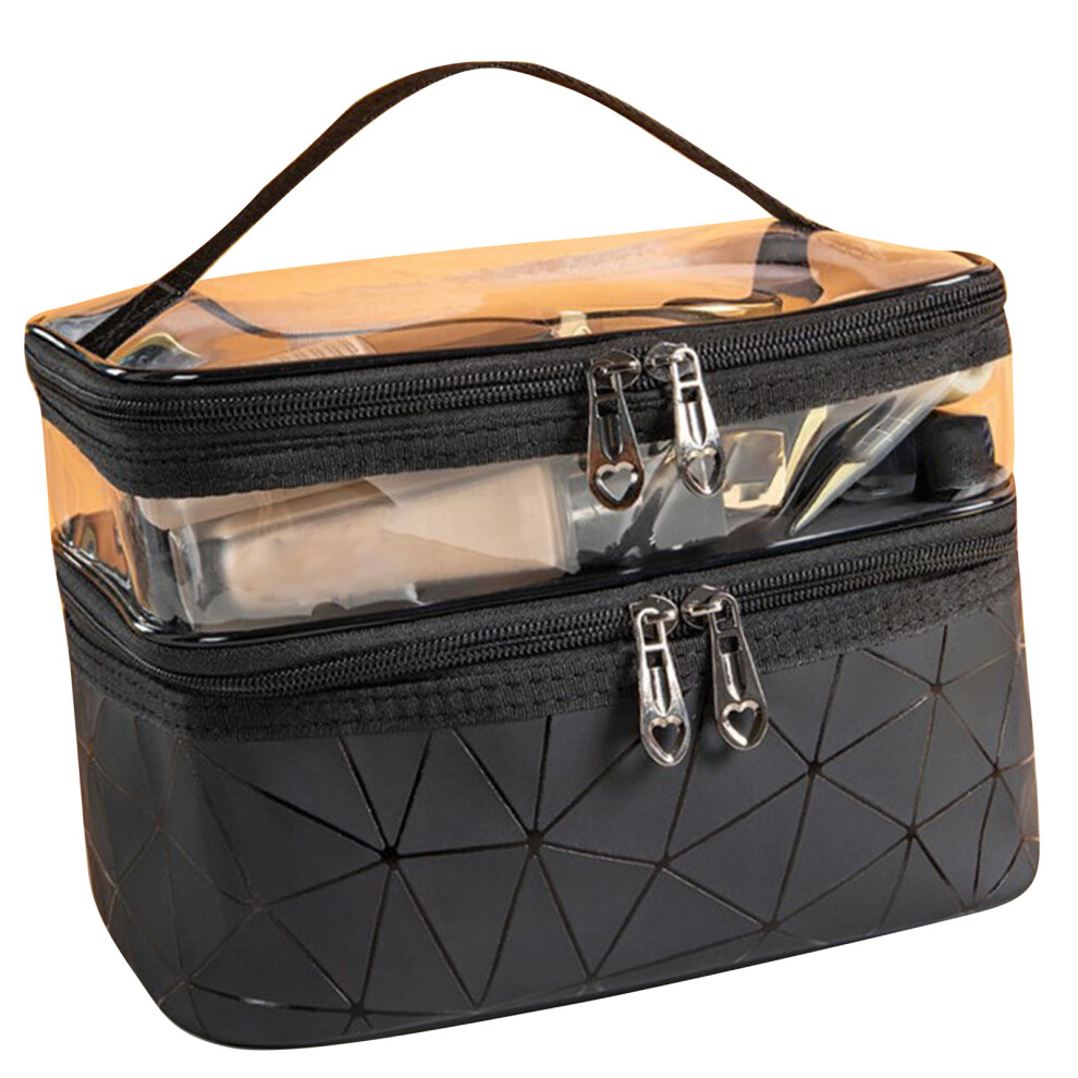 Black Cosmetic Bag 2 Layer Waterproof Portable Handheld Travel Large Capacity Skin Care Product Storage