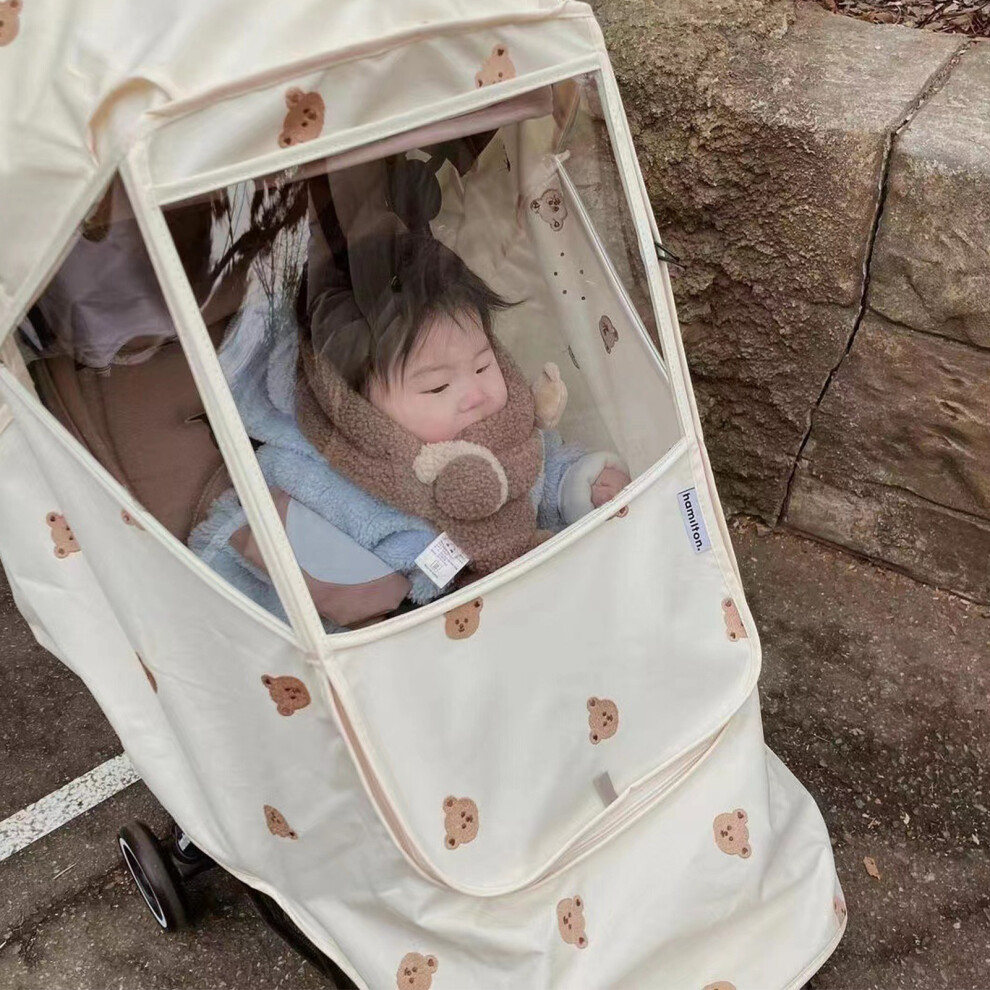Stroller Rain Cover Windproof Waterproof Cute Bear Pattern Stroller Cover for Outdoor Walking Traveling Beige