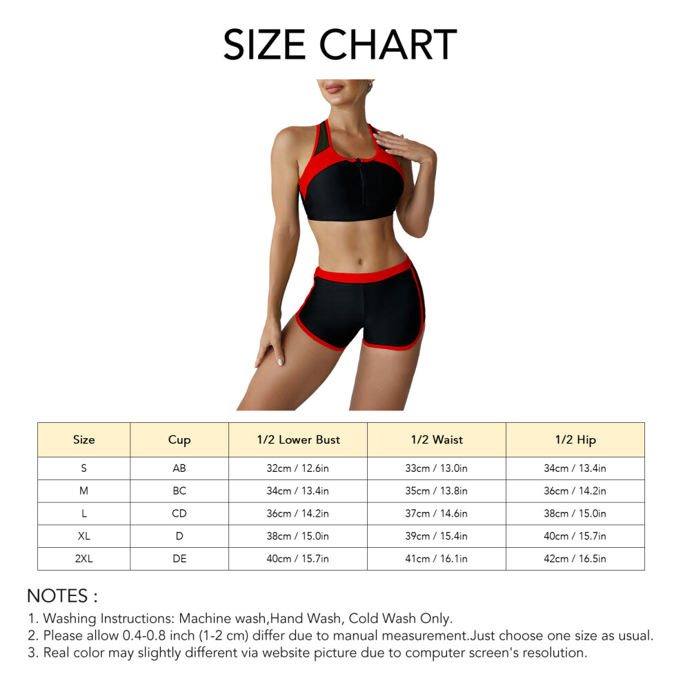 Women Sports Bikini Set Fashionable Front Zipper Bra Color Block 2 Piece Swimsuit Bathing Suit for Surfing Red S