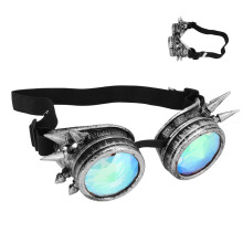 Halloween Kaleidoscope Rave Goggles Rainbow Crystal Lenses Adjustable Trippy Psychedelic Steampunk Goggles Antique Silver