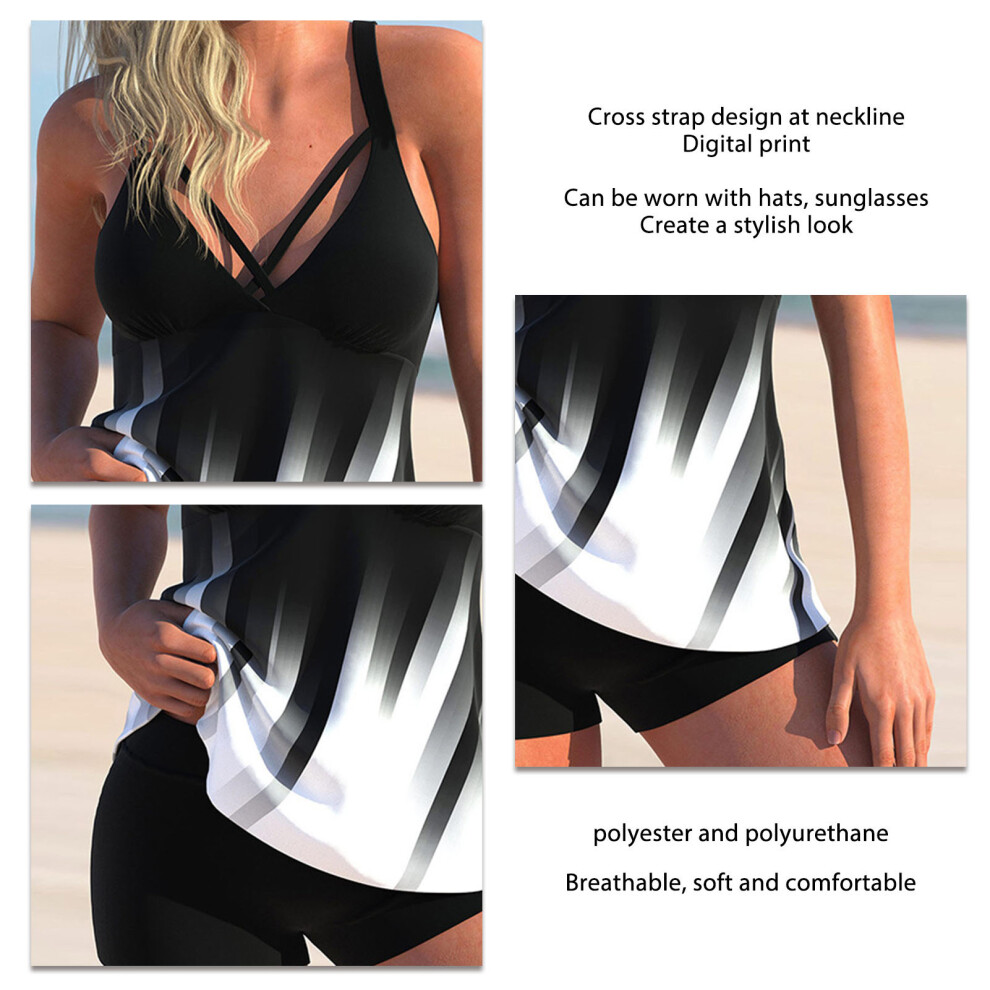 Two Piece Tankini Swimsuits V Neck Neckline Crossover Digital Print Women Two Piece Swimsuit for Beach Parties Black L