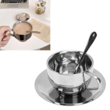 Juego de taza de té de acero inoxidable con doble pared aislante de 180 ml, con platillo y cuchara.