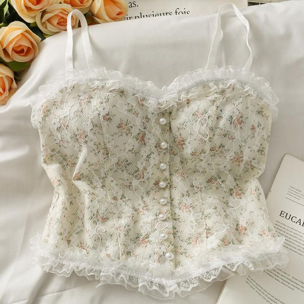 (One Size, white) Sexy Tank Top Lace Print Halter Crop Tops Women Summer Camis Backless Camisole Fashion Pearl Tube Female Sleeveless Cropped Vest