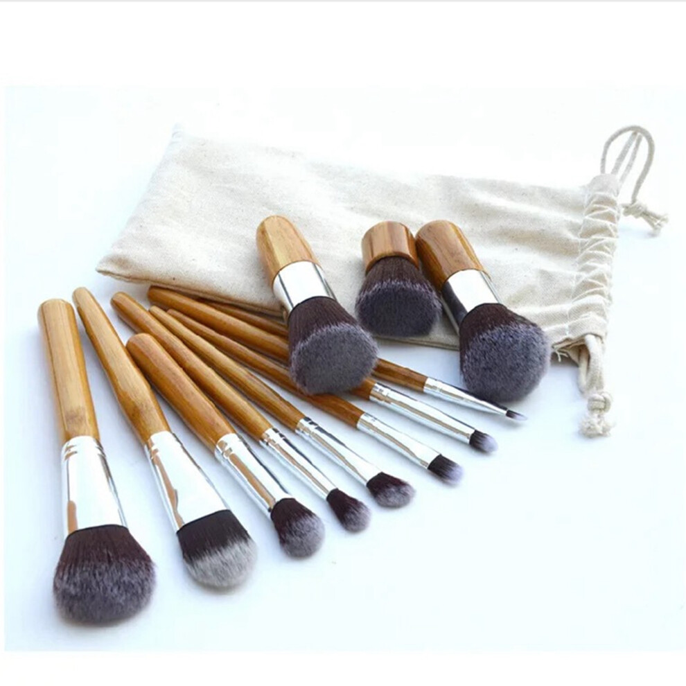 11pcs Makeup Brushes Bamboo Handle Aluminum Tube Nylon Wool Portable Storage Bag Professional Cosmetic Brushes