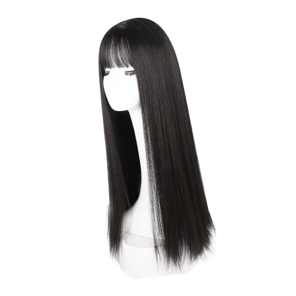 Unisex Black Long Straight Wig With Bangs Women Heat Resistant Fashionable Elegant Synthetic Wig 28.3 Inch