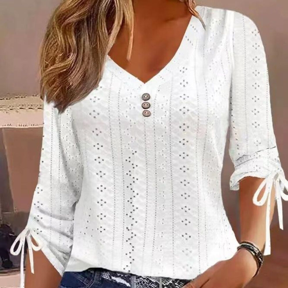 (XL, white) Gmxia Women's Fashion Casual Summer Solid Color Print Long Sleeve V-neck Jacquard Button Loose Blouses & Shirts