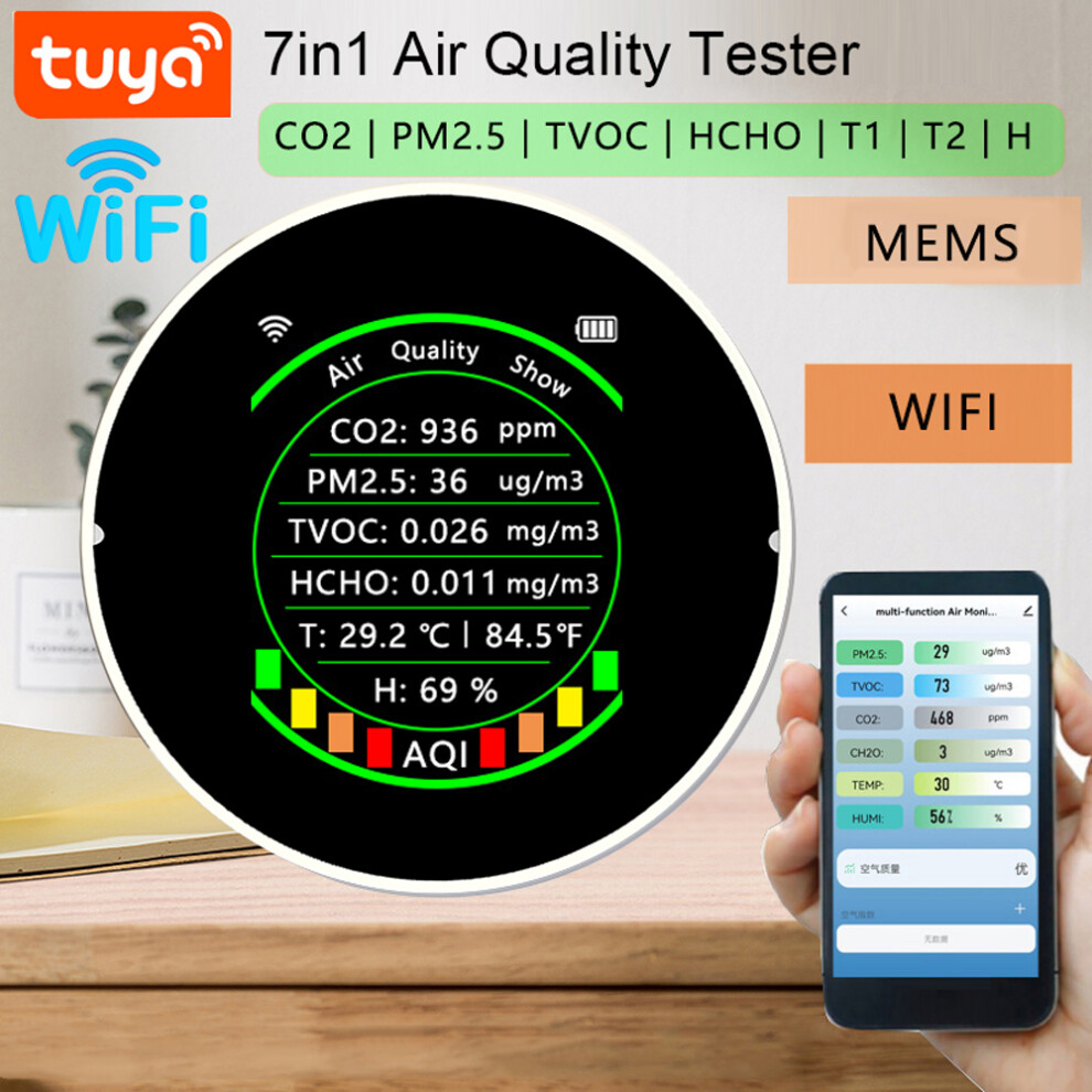 Tuya Wifi 7in1 Multifunctional Air Quality Meter PM2.5 CO2 TVOC HCHO AQI Temperature Humidity Tester Portable Color Display Carbon Dioxide