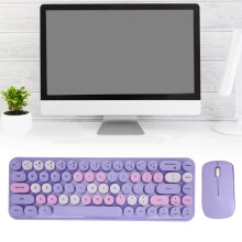 USB Keyboard Mouse 2.4G Wireless 68 Keys Low Consumption Retro Cute ABS Gaming Keyboard Mouse for PC Purple Mixed Color