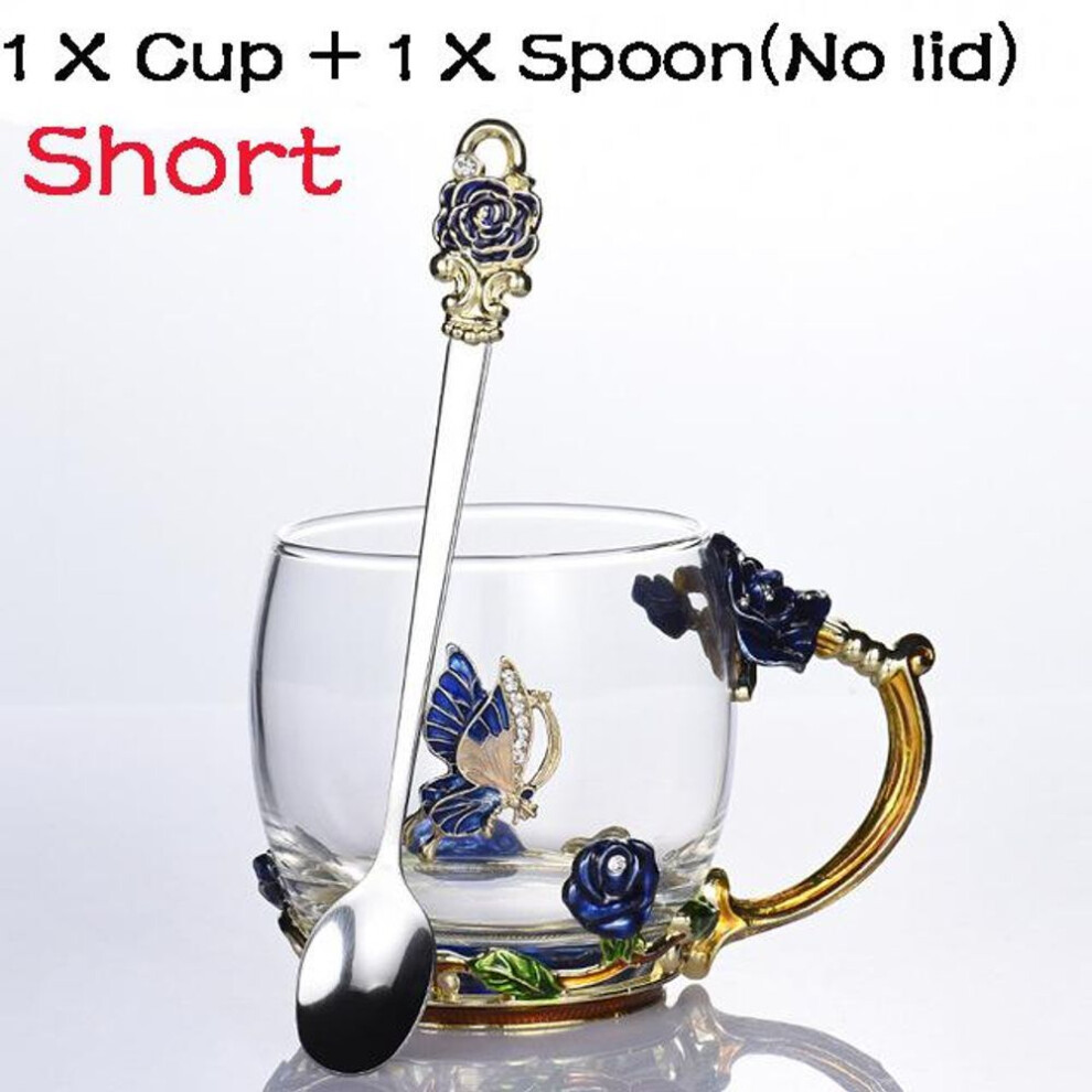 (blue, Without lid) Beauty And Novelty Enamel Coffee Cup Mug Flower Tea Glass Cups For Drinks Tea Cup Spoon Set Perfect Wedding Gift