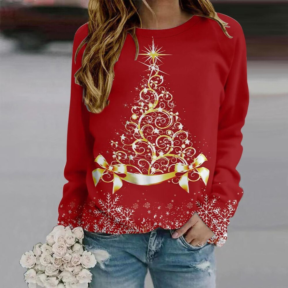 (M, red) Fall Autumn Women's Fashion O Neck Long Sleeve T-shirt Loose Clothes Christmas Tree Print T Shirt