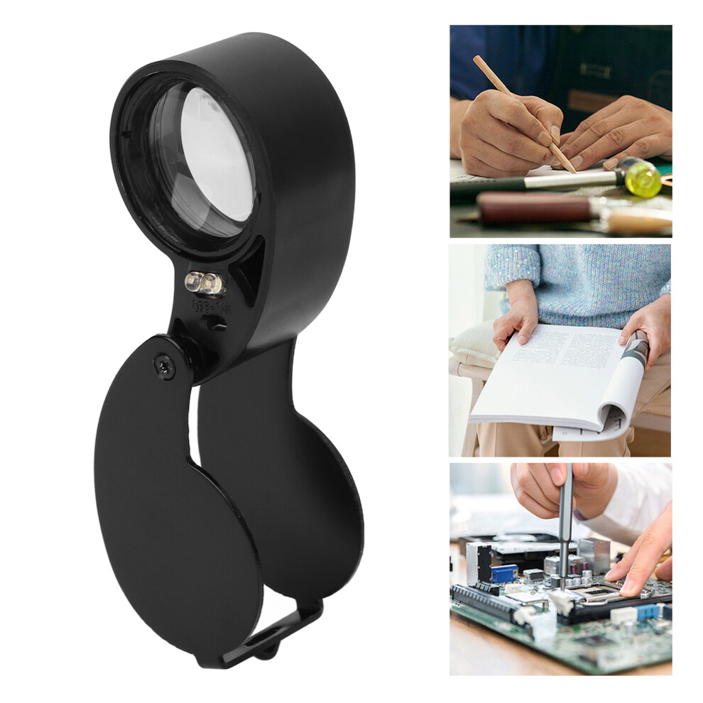Black 40X Magnifier Loupe Led Lights High Transmittance Portable Jewelers Loupe With Aluminium Alloy Shell For Elderly