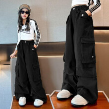 (black, 160) Girls' Overalls Spring And Autumn Big Children's Trendy Cool All-match Wide-leg Pants Autumn Girls Casual Loose Autumn Children's Pants