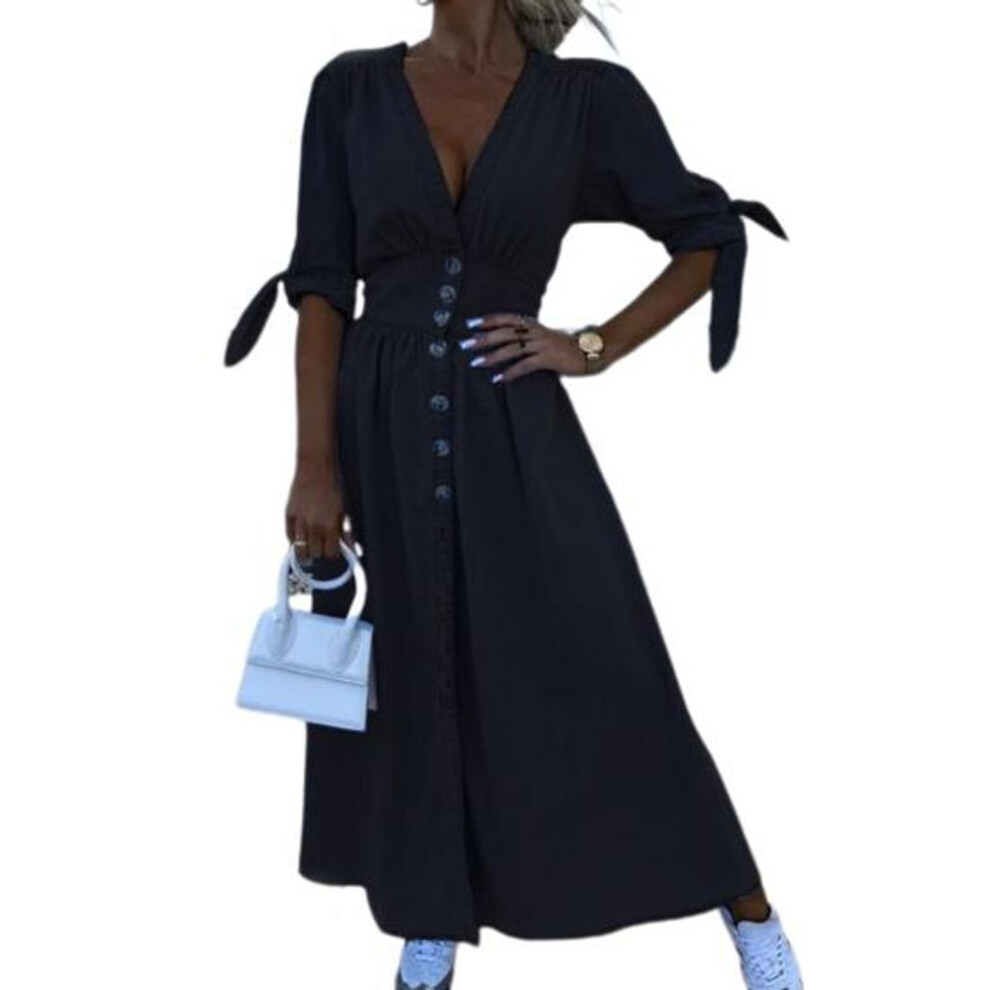 (black, M) Women's Denim Long Dress V-neck Short Sleeve Button Down Maxi Dress Casual Jean Dress For Spring Summer
