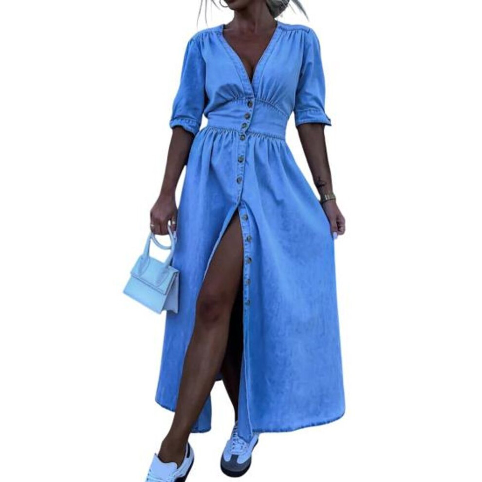 (blue, XXL) Women's Denim Long Dress V-neck Short Sleeve Button Down Maxi Dress Casual Jean Dress For Spring Summer