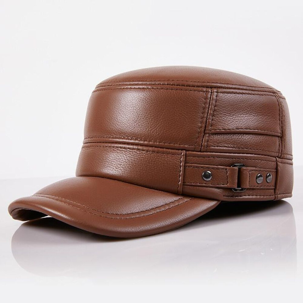 (brown, L(58-60cm)) Men Genuine Leather Winter Thicken Warmth Baseball Cap Built-in Ear Protection Earmuffs Design Middle-aged Elderly Leather Hat Tra-image-OPC-PHTK5FC-NEW