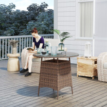 (Brown) Outsunny Patio Furniture Rattan Garden Table with Umbrella Hole