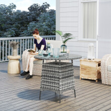 (Grey) Outsunny Patio Furniture Rattan Garden Table with Umbrella Hole