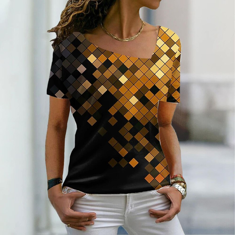(4XL, yellow) Ladies 3D Print Colorful Sequins Irregular Collar Short Sleeve Base Outing T-shirts For Women