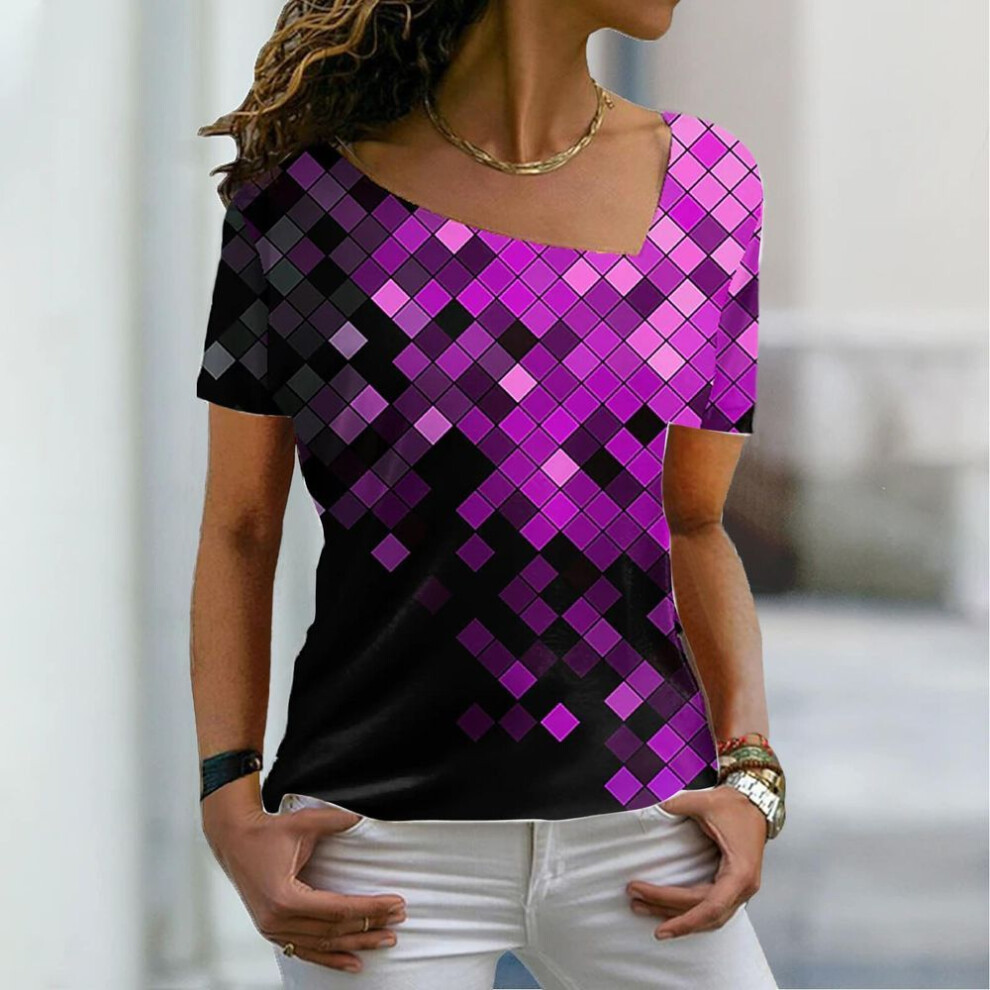 (4XL, pink) Ladies 3D Print Colorful Sequins Irregular Collar Short Sleeve Base Outing T-shirts For Women