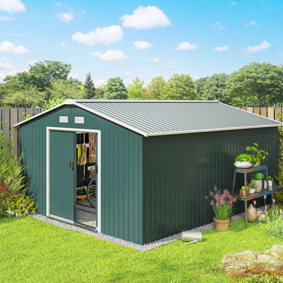 Outsunny 13 x 11ft Garden Shed Storage with Foundation Kit and Vents, Green
