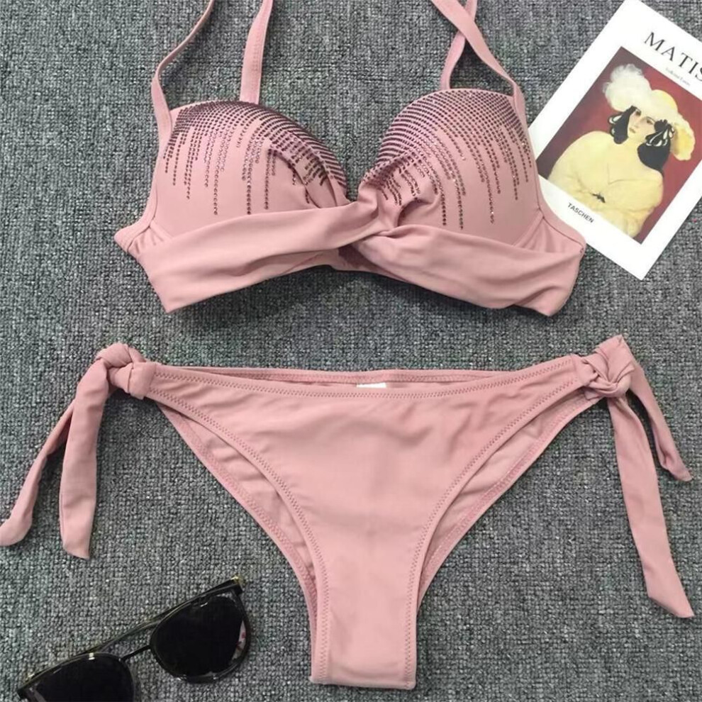 (M, pink) Stunning Diamond Push Up Bra Crystal Bikinis For Women Swimwear