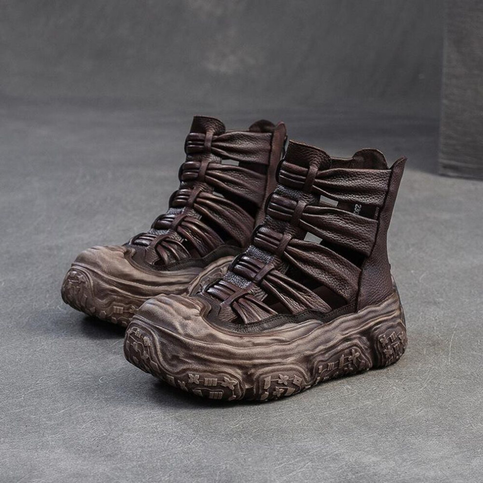 (coffee, 35) Johnature Hollow Out Breathable Summer Boots Genuine Leather Sandals Retro Women's Flat Platform Shoes