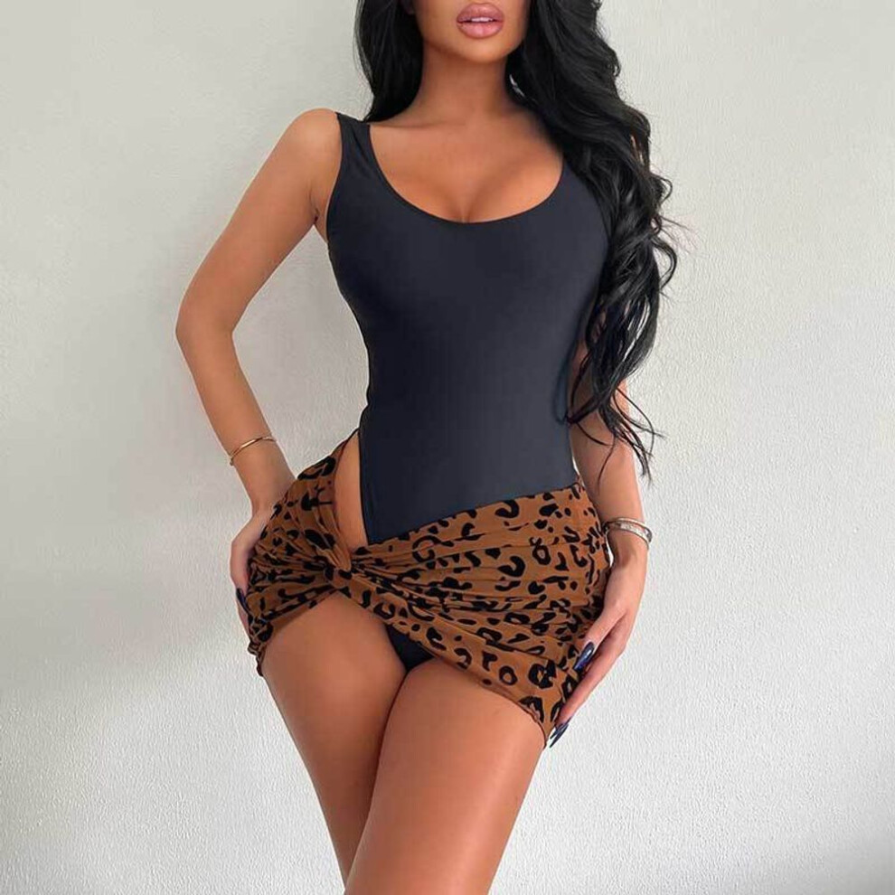 (S, black) Women Sexy Tight Fit Elastic Swimsuit Jumpsuit Summer Slim Beach Bikini Tight Leopard Short Skirt One-piece Swimsuits