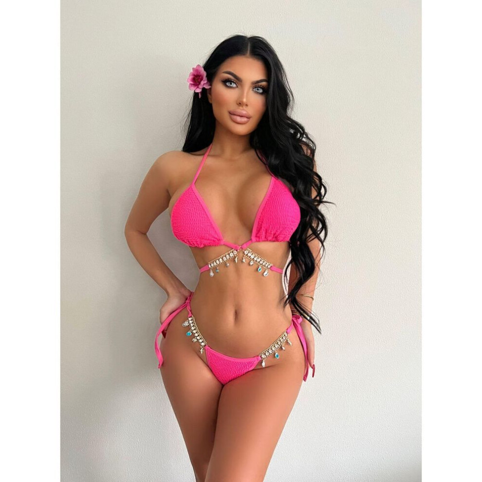 (L, red) Women Sexy Chain Triangle Split Bikini Suit Set Summer Tie Side G-string Thong Swimsuit Backless Halter Lace Up Elastic Bikini