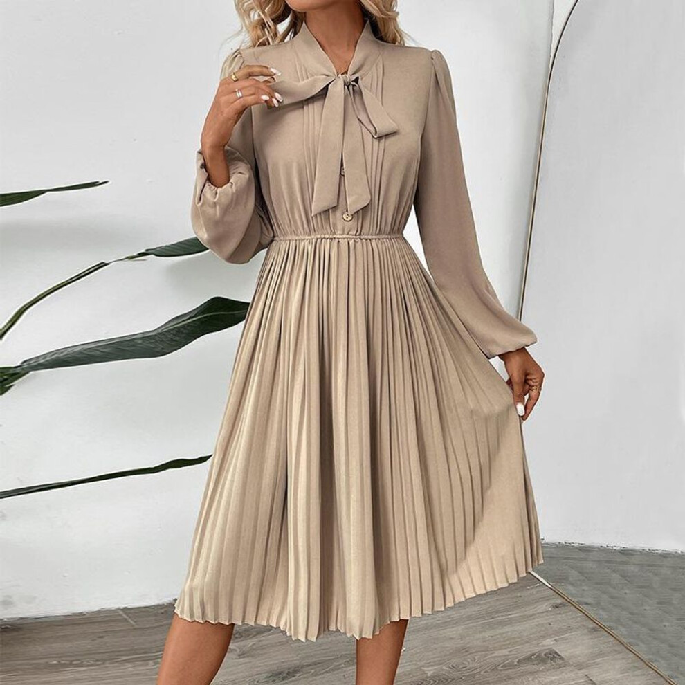 (apricot, M) Spring Women Long Sleeve Solid Pleated High Waist Dress Autumn A Line Bow Collar Long Dresses S-xl