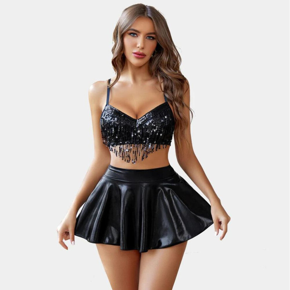 (S, black) Women Sexy Triangle Split Bikini Suit Set Tie Side G-string Thong Swimsuit One Shoulder Elastic