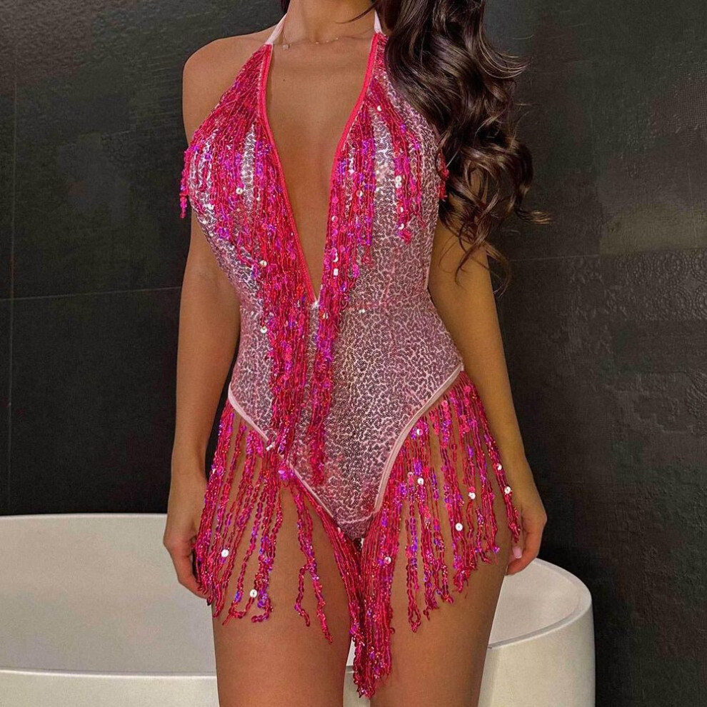 (L, red) Women Sexy Triangle Split Bikini Suit Set Tie Side G-string Thong Swimsuit One Shoulder Elastic