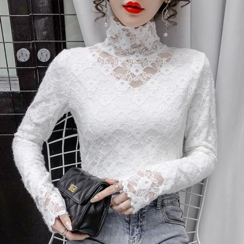 (S, white) Fashionable Plus Size High Neck Lace Camisole Women's Tops Spring And Autumn Cute Solid Color Tank Top