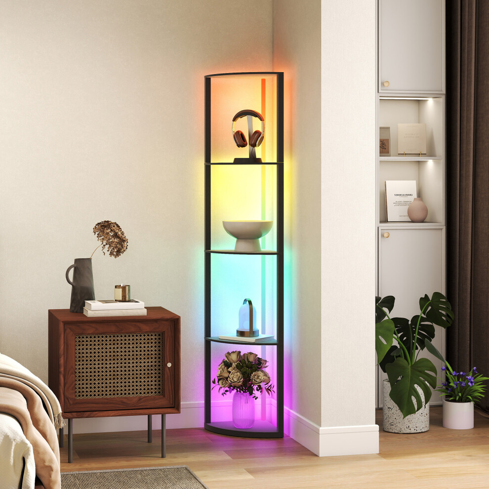 (Black) HOMCOM RGB LED Floor Lamp with Shelves and Remote Control for Living Room