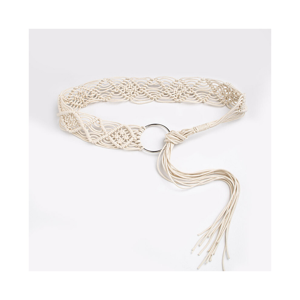 (Grey)Ceinture tressée bohème avec fermeture nouée et décoration gravier pour tenue décontractée