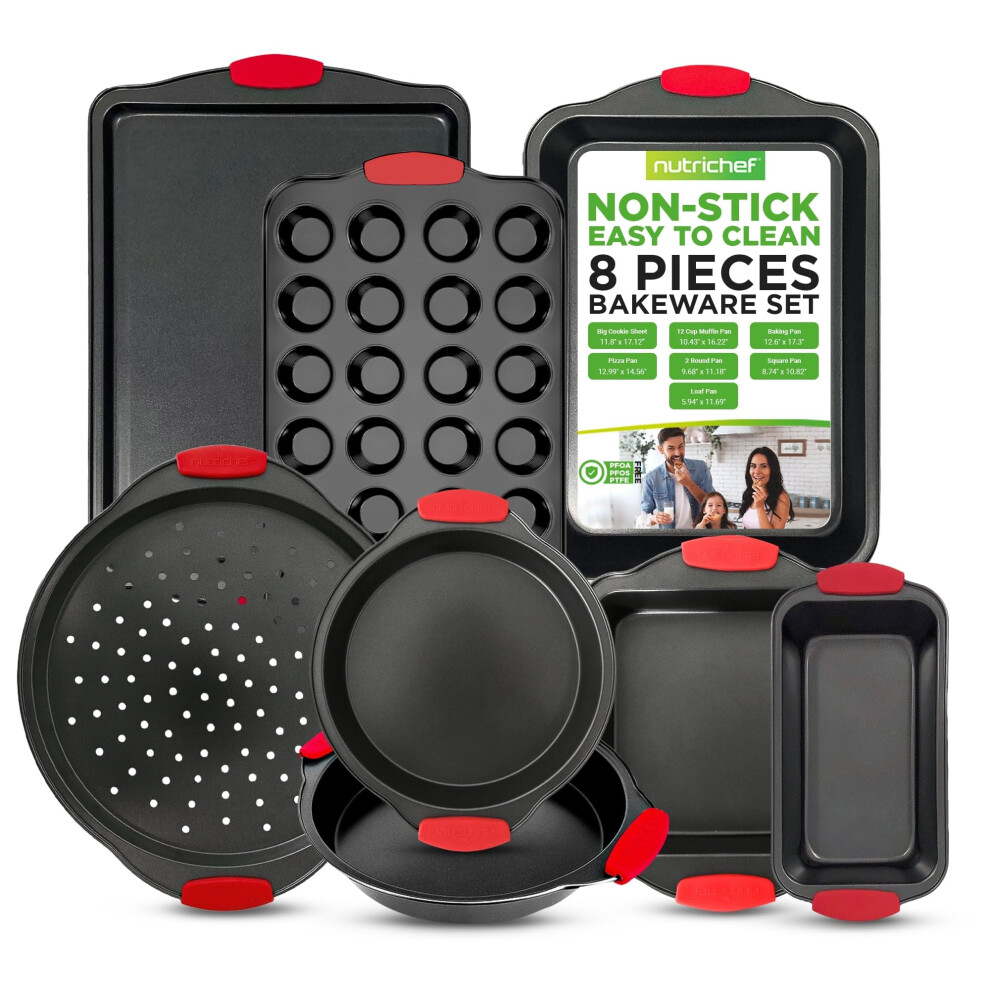 NutriChef Baking Tray Set, 8 Piece Non-Stick, Black/Red