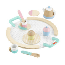 Fisher-Price Wood Pretend Play Toy Tea Set, 12-Piece Wooden Playset with Teapot, Cups & Saucers for Preschool Kids Ages 3+ Years, HXT82
