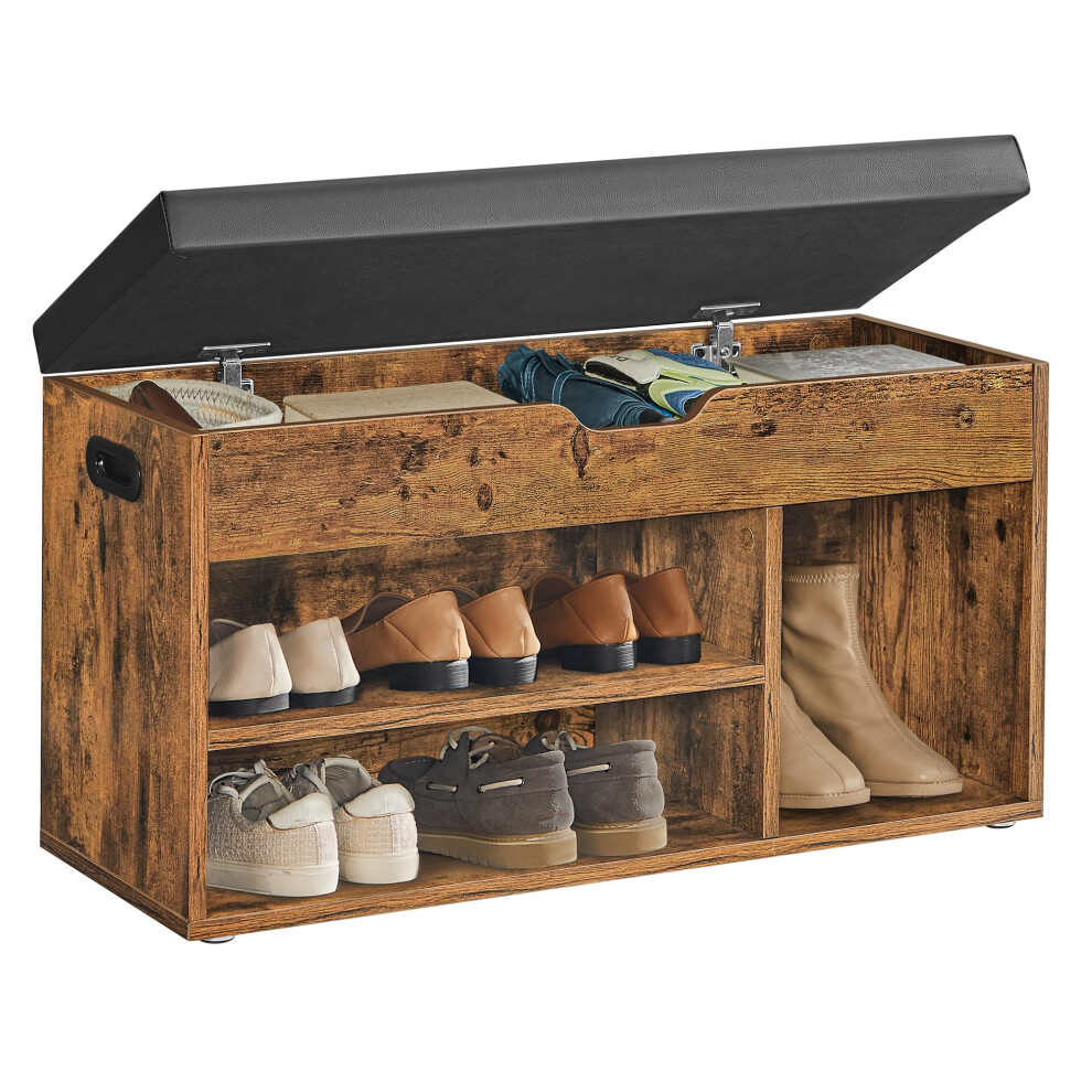 VASAGLE Shoe Bench with Cushion, 3 Compartments, Rustic Brown