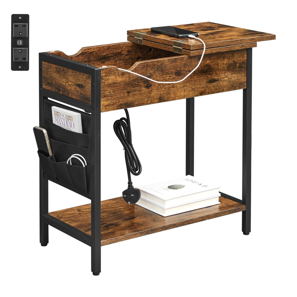 VASAGLE Slim Side Table w/ Charging Station, Rustic Brown/Black