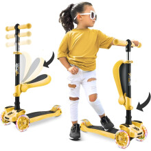 Hurtle 3-Wheel Try Scooter for Kids - Ages 2-12, Flip-able Seat, Foldable Kick Scooter with Flashing Lights, Adjustable Height, Yellow