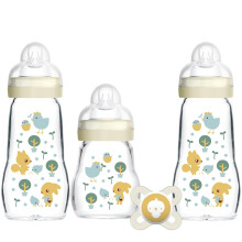 MAM Glass Baby Bottle & Soother Set - 4pcs - 2x 170ml, 1x 260ml, 1x 0+ Soother
