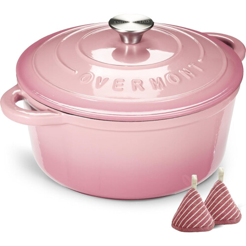 Overmont 26cm/5.2L Enamelled Cast Iron Casserole Pot - Pink 1