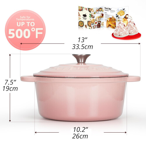 Overmont 26cm/5.2L Enamelled Cast Iron Casserole Pot - Pink 2