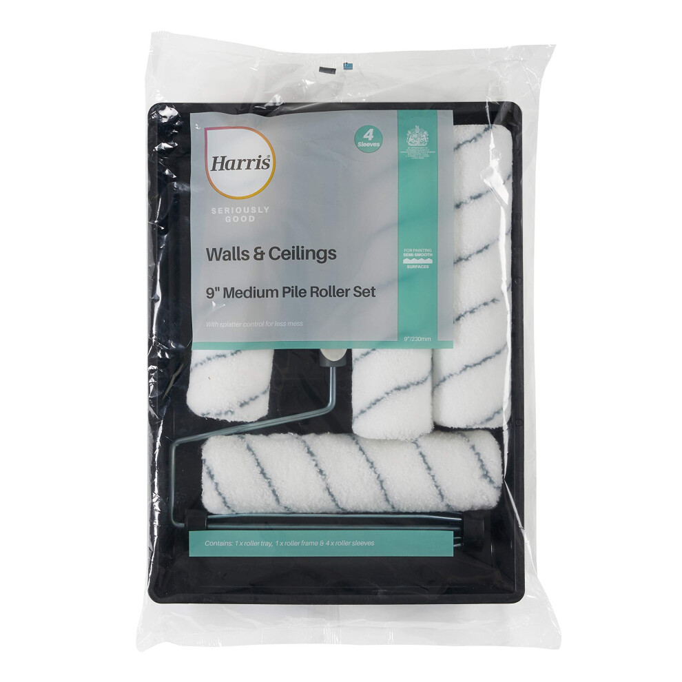 Harris 102012009 Seriously Good Walls & Ceilings Paint Roller Set 9in | Includes 1 x 9" Frame, 4 x 9" Medium Pile Roller Sleeves & Tray | 9