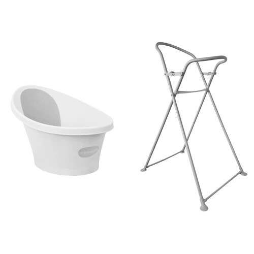 Shnuggle Shnuggle Newborn Baby Bath, Built in Support, White/Grey + Folding Stand 1