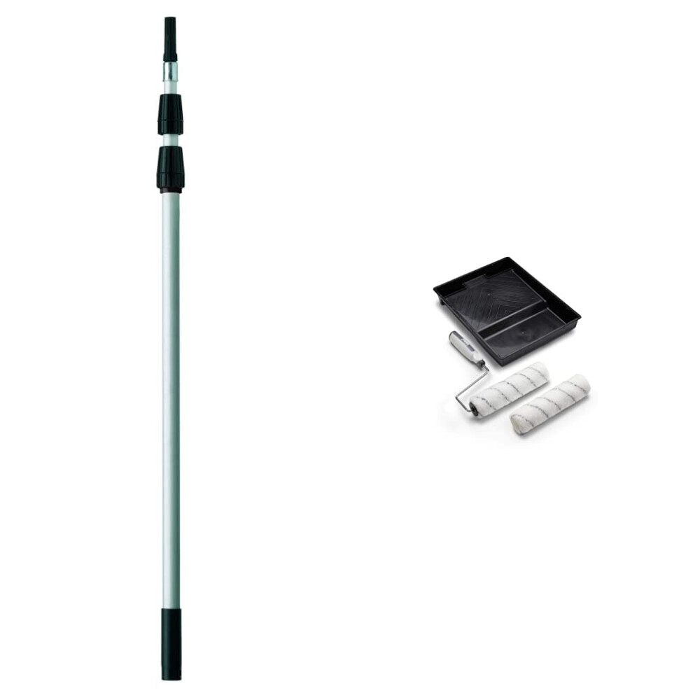 Harris Seriously Good Aluminium Extension Pole, 3m & Seriously Good Walls & Ceilings Twin Medium Pile Paint Roller Set with Tray & Frame | 9