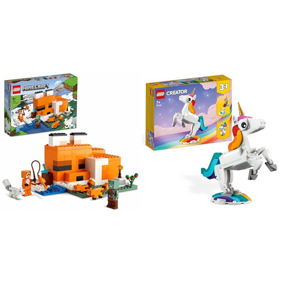 LEGO Minecraft Fox Lodge & Creator Rainbow Unicorn 3 in 1