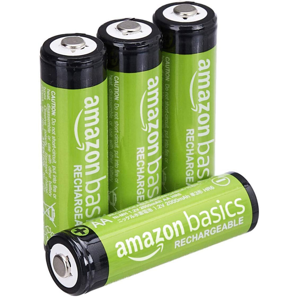 Amazon Basics 4-Pack Rechargeable AA NiMH Batteries, 2000 mAh, Recharge up to 1000x Times, Pre-Charged