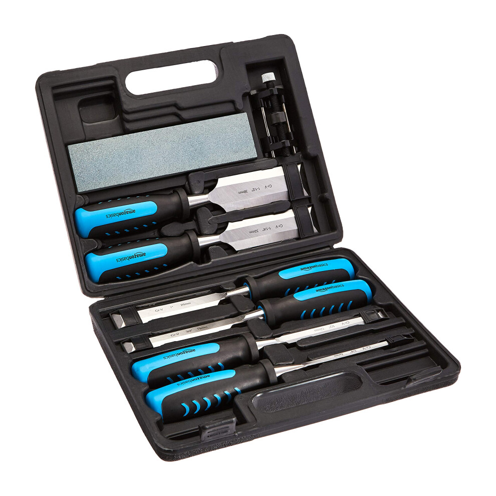 Amazon Basics 8-Piece Woodworking Wood Chisel Set for Carving with Honing Guide, Sharpening Stone and Storage Case, 1/4" - 1-1/2