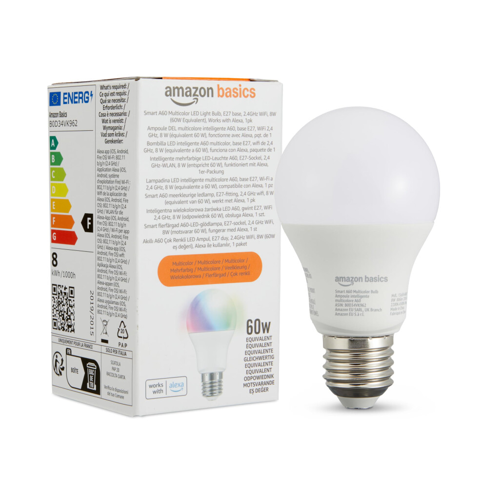 Amazon Basics Smart A60 Multicolor LED Light Bulb, E27 Base, 2.4GHz WiFi, 8W (60W Equivalent), Works with Alexa Only, 1pk