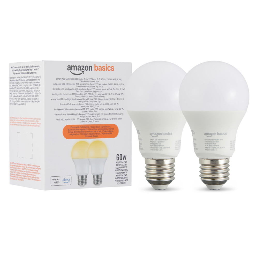Amazon Basics Smart A60 Dimmable LED Light Bulb, E27 Base, Soft White, 2.4GHz WiFi, 8.5W, Works with Alexa Only, 2-Pack